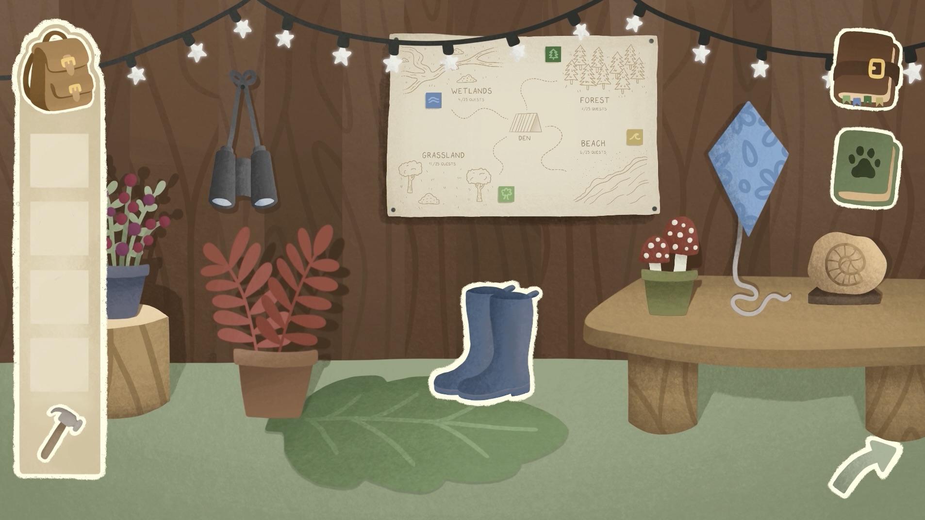 A wooden backdrop with string lights, featuring a map pinned to the wall. On the left, a backpack and binoculars hang, while potted plants are placed on the floor. A table on the right holds a small blue boot, a kite, a potted mushroom, and a snail shell.