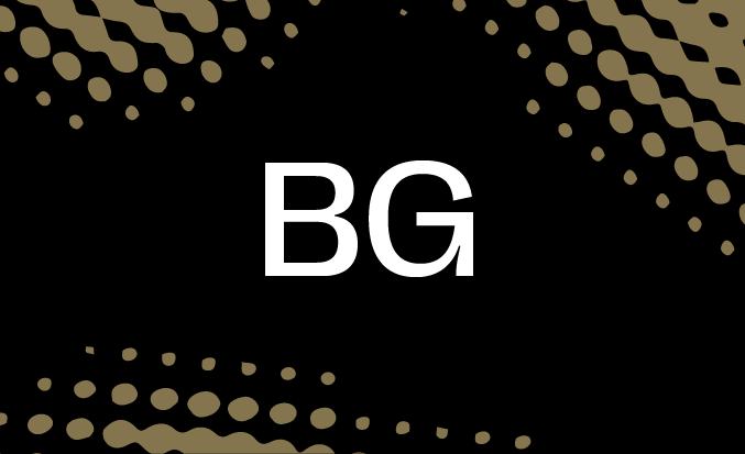 Black and gold banner with the white text "BG" in the centre.
