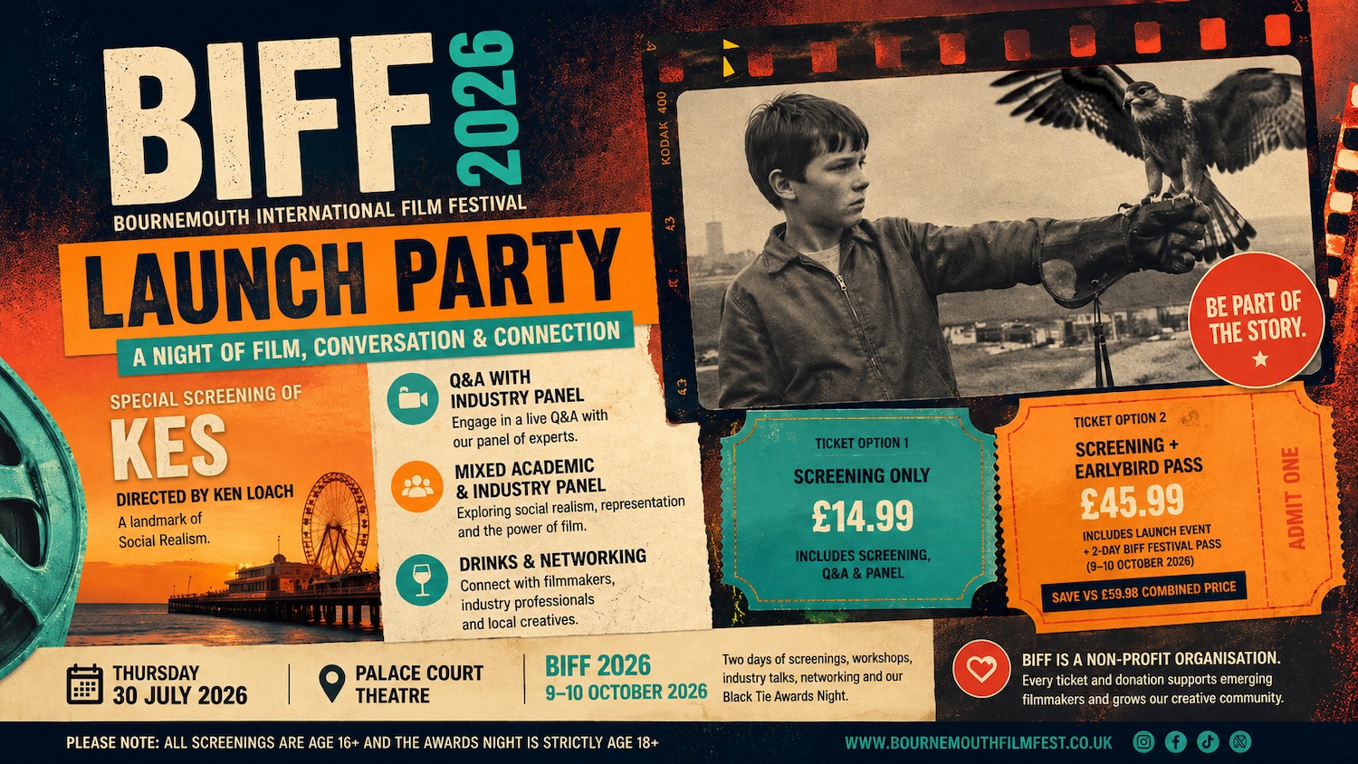 A promotional poster for the Bournemouth International Film Festival (BIFF) 2026. It includes event details such as a launch party, screening of the film 'Kes', ticket prices, and dates, with a background image of a boy and a bird.