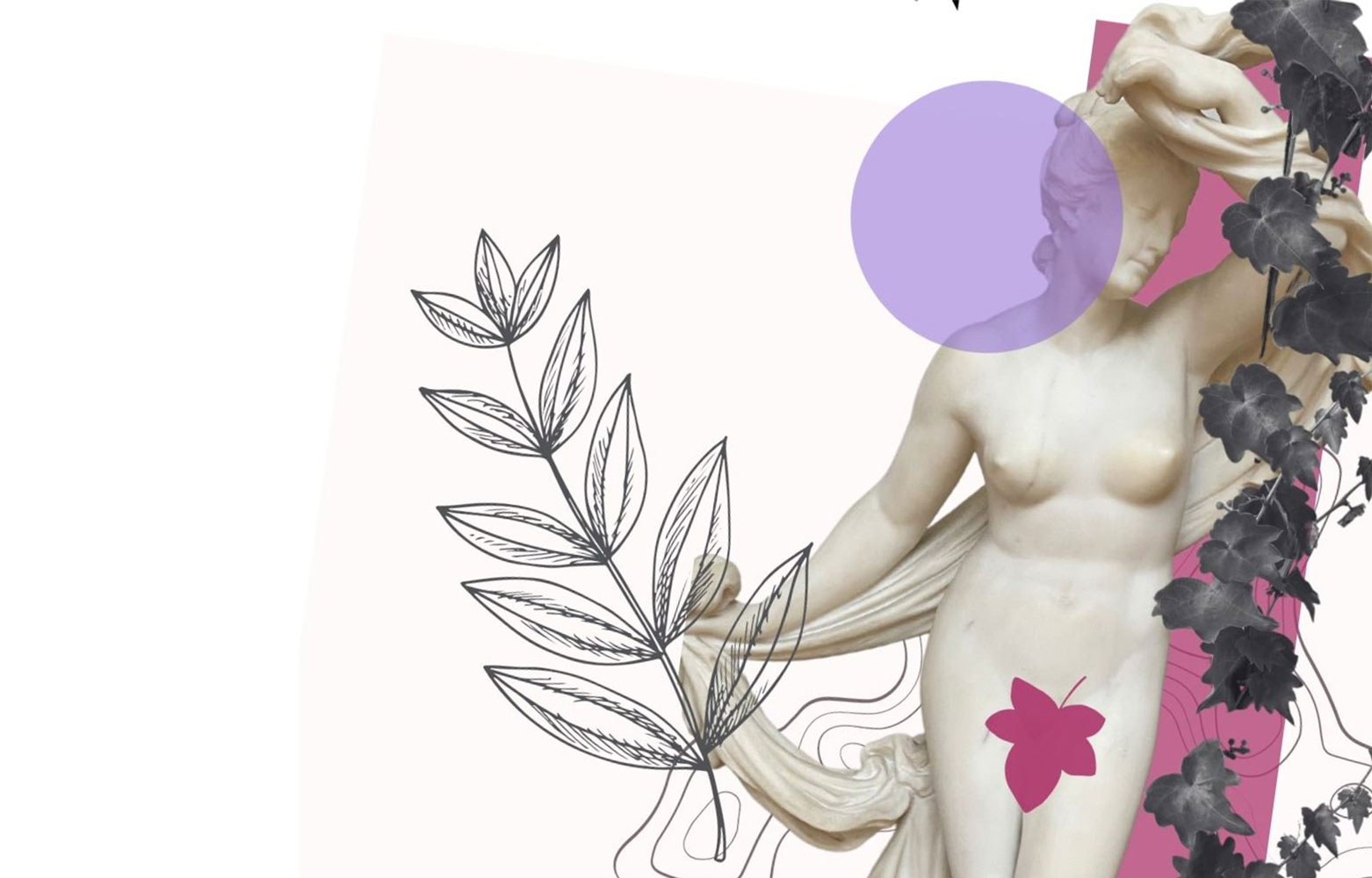 A white marble statue with ivy leaves along the right-hand side and an illustration of a plant on the left.