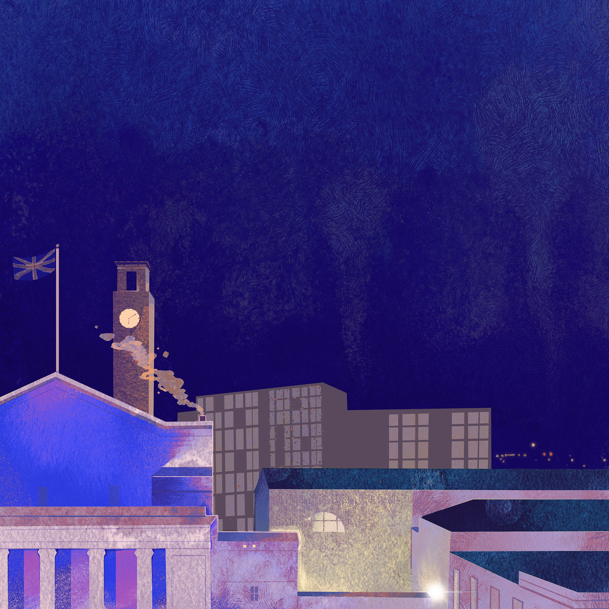 Illustration of a night's sky with the tops of buildings, one building has a Union Flag flying