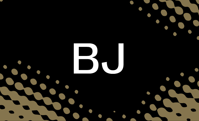 Black tile with gold pixellated accents and the initials BJ in the centre.