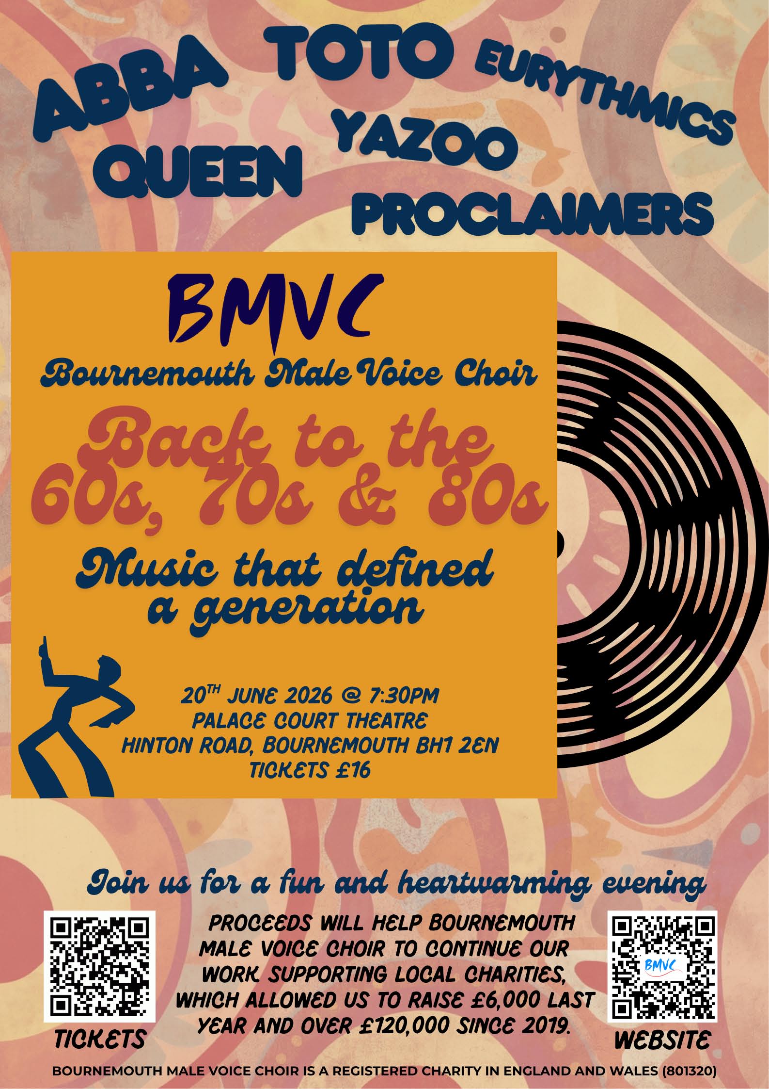 Theatre poster showing a yellow record sleeve, with a disc half out. Text appears on the sleeve reading "BMVC Bournemouth Male Voice Choir Back to the 60s, 70s & 80s Music that defined a generation". The silhouette of a man dancing appears in the bottom-left of the sleeve.