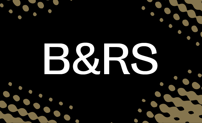 Black and gold banner with the white text "BRS" in the centre.
