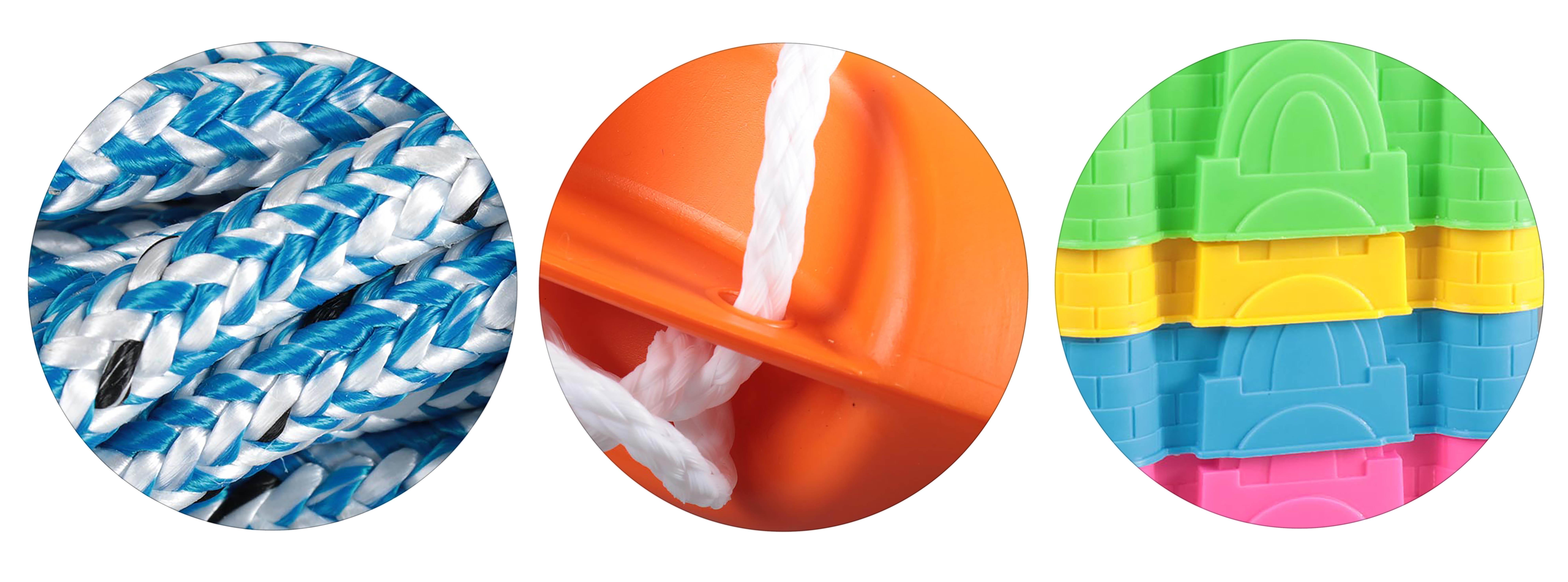 Close-up shots of three seaside plastics – rope, life buoy and stacked sandcastle buckets.