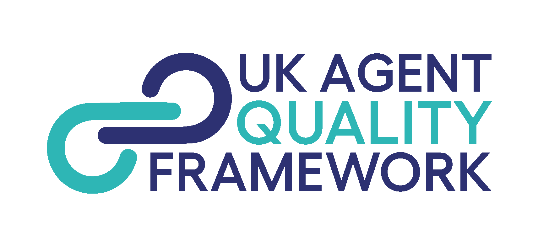 Logo resembling two links of a chain, one turquoise, one navy blue, with text reading "UK Agent Quality Framework" next to it.