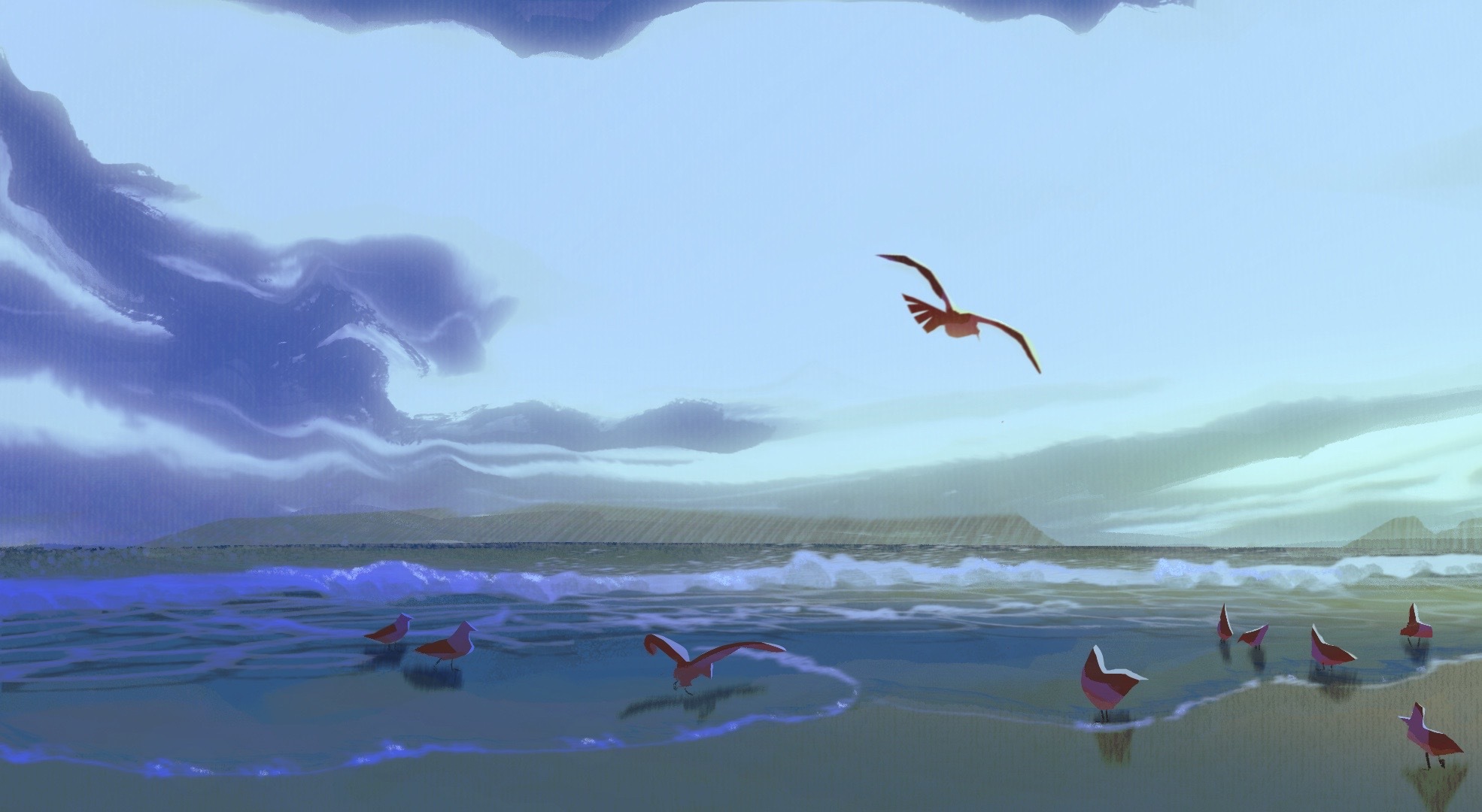 Dusk sea background illustration with seagulls and birds.