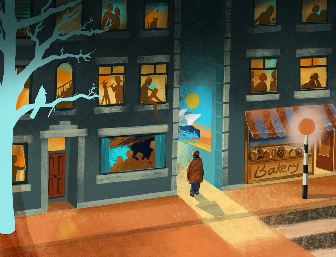 Illustration of a person standing before an alleyway between two brightly lit and colourful buildings. The silhouette of a tree is on one side, and a zebra crossing on the other.