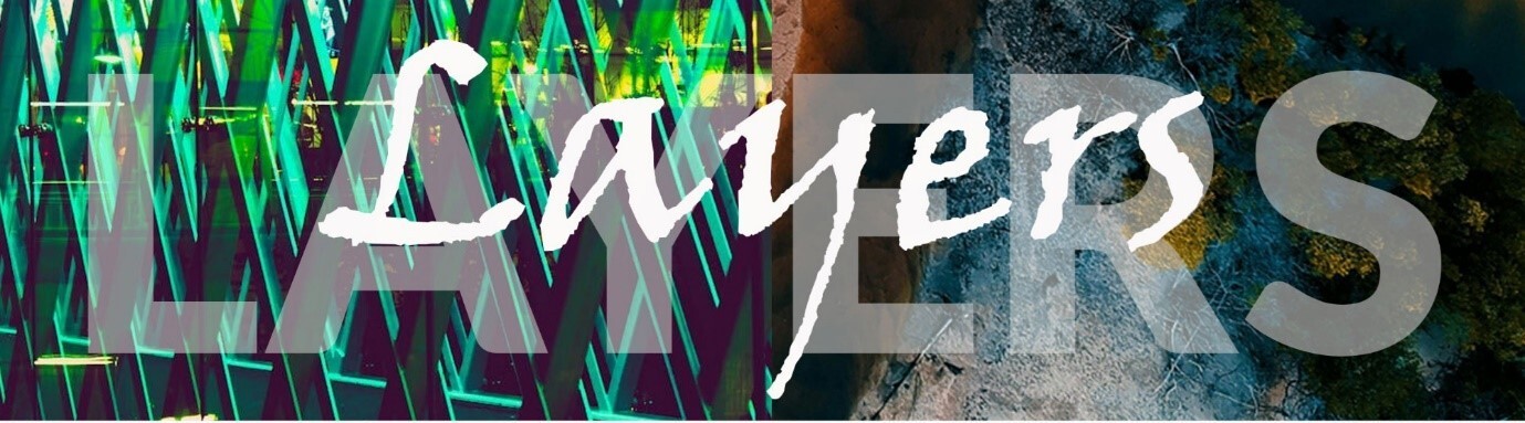Abstract geometric composition with angular green, blue and purple shapes. Large white serif text "LAYERS" overlaid across centre.
