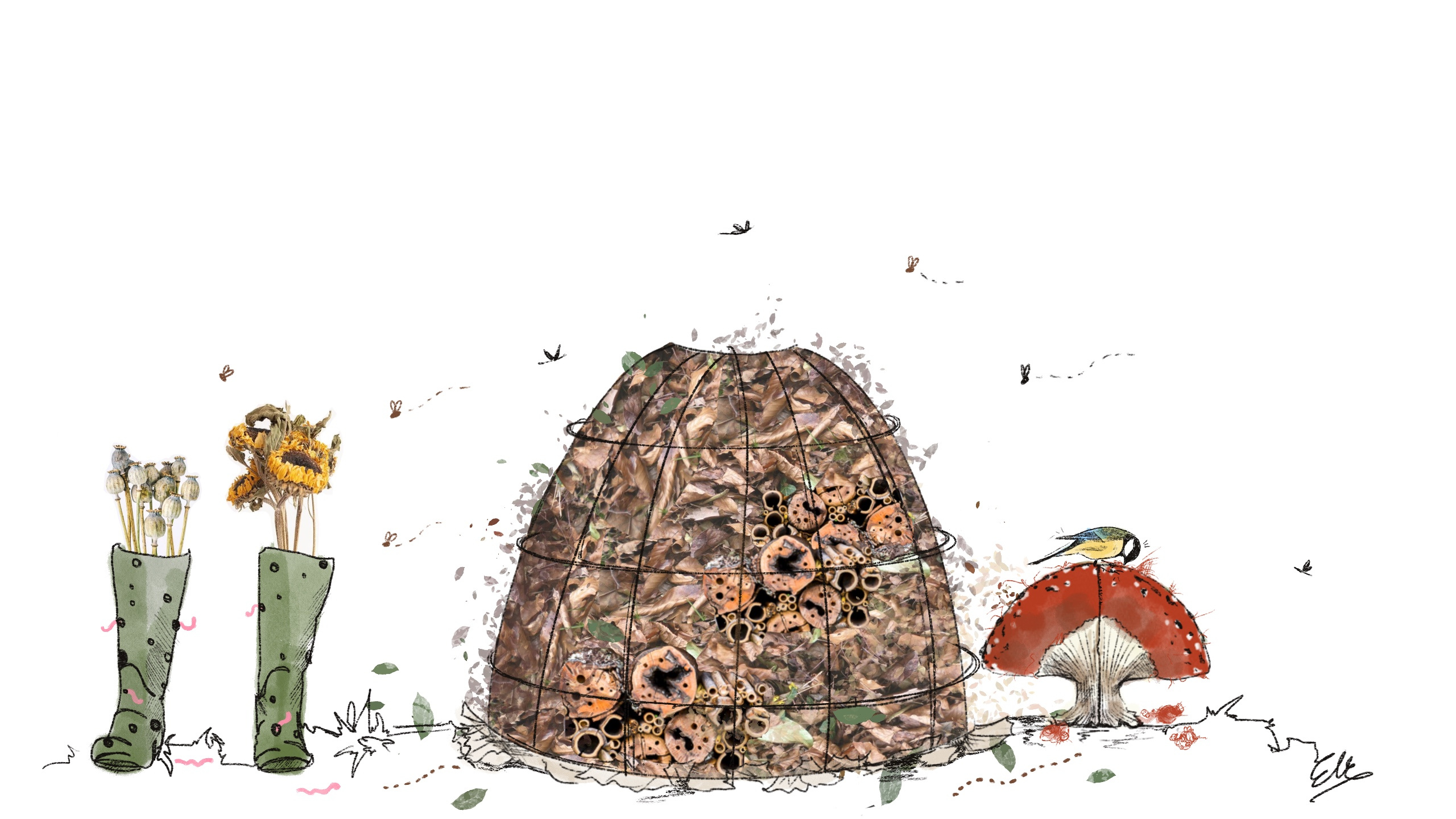 Illustration of wellingtons boots, a home for worms made from wood and wires and a mushroom shaped bird feeder