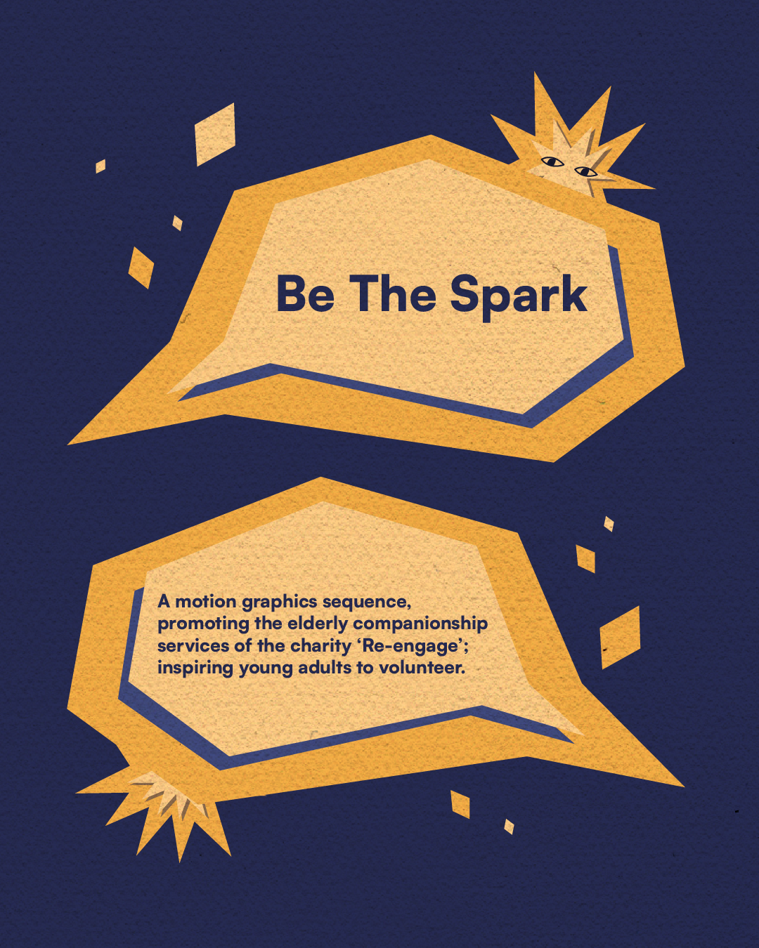 Orange geometric shapes with star bursts on navy background. Text reads "Be The Spark" and describes motion graphics for charity.