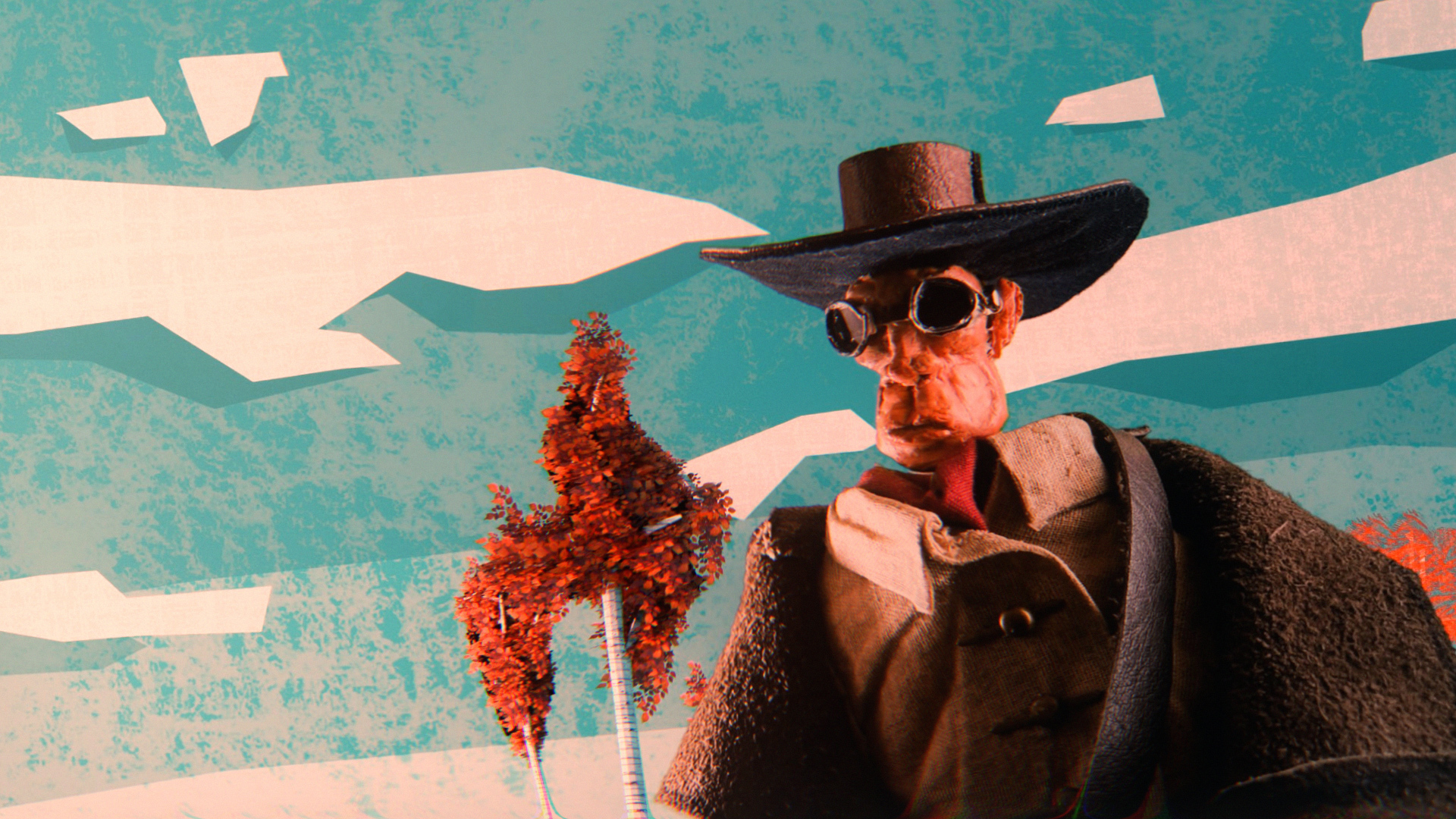 Man in black hat and sunglasses against stylised turquoise sky with white angular clouds. Red figure visible to left. Bold colours.