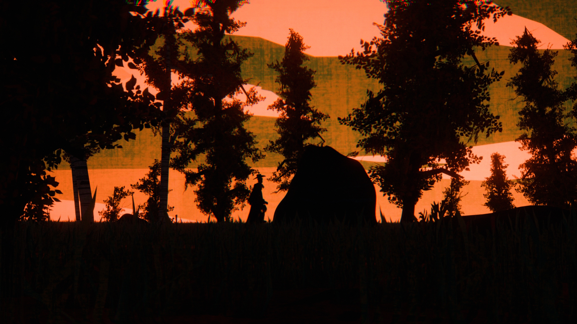 Black silhouettes of trees and round shape against orange and pink gradient sky with rolling hills in background.