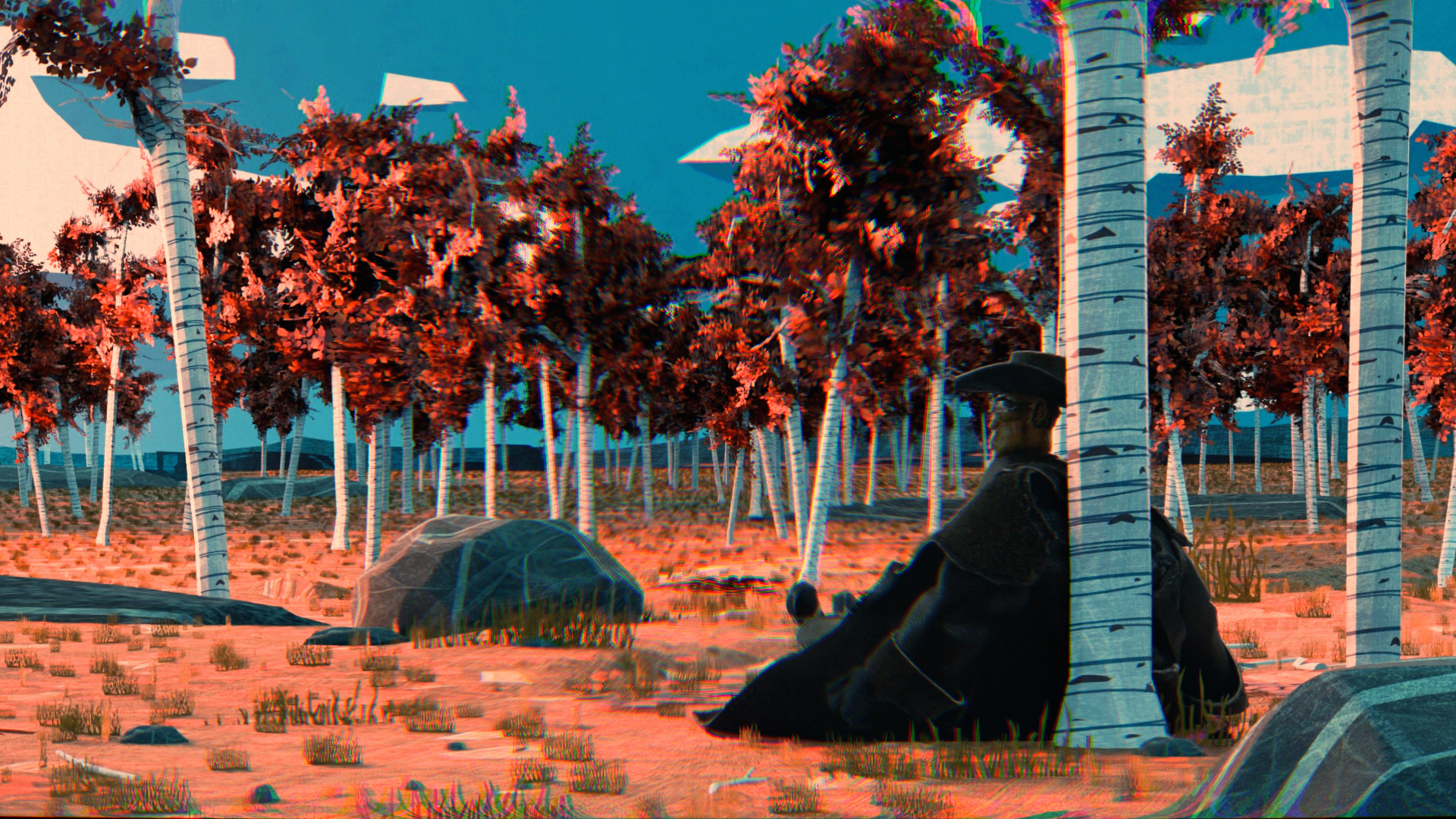 Digital artwork showing orange sandy ground with white-striped tree trunks, red-orange foliage, and dark triangular tent structures under bright blue sky.