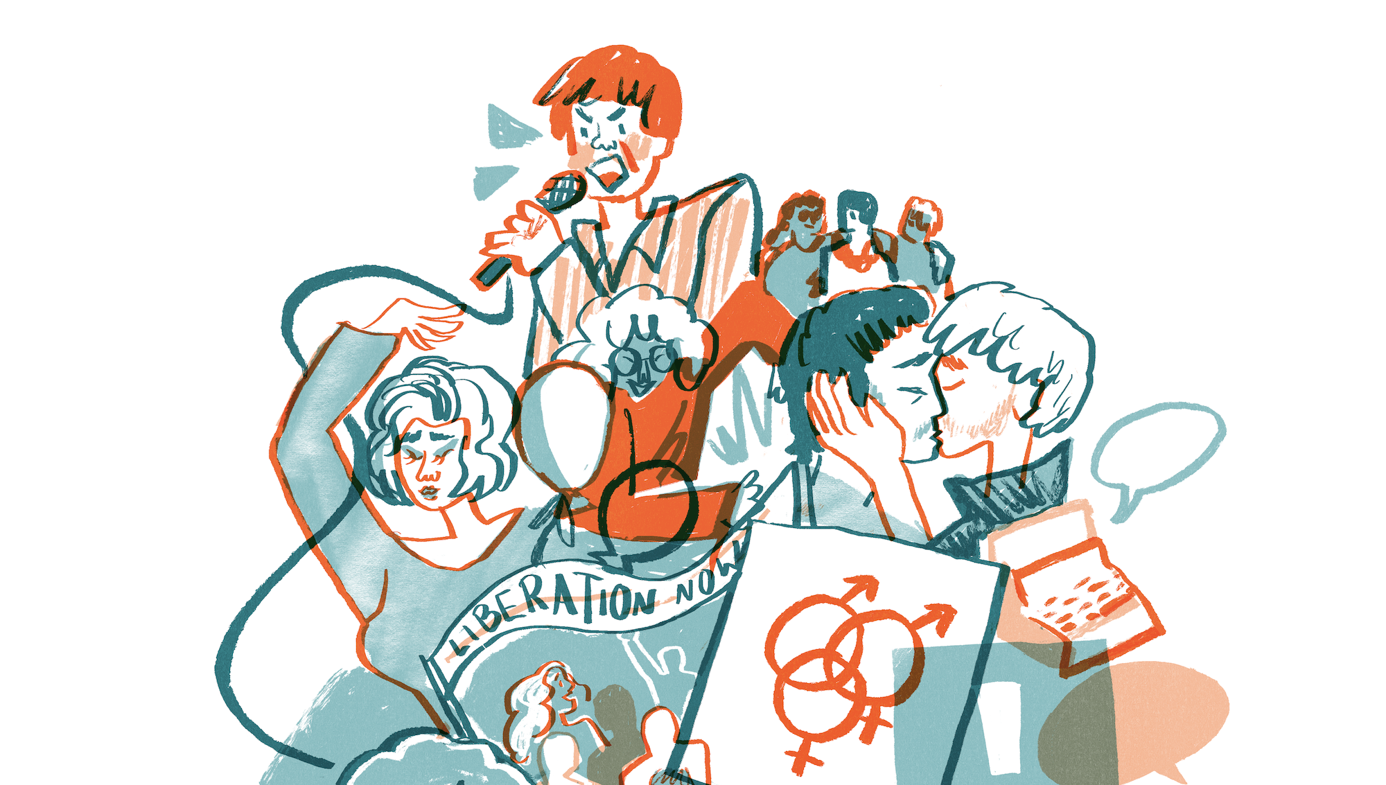 Colourful illustration of an LGBT+ protest with people, green and orange, white background.