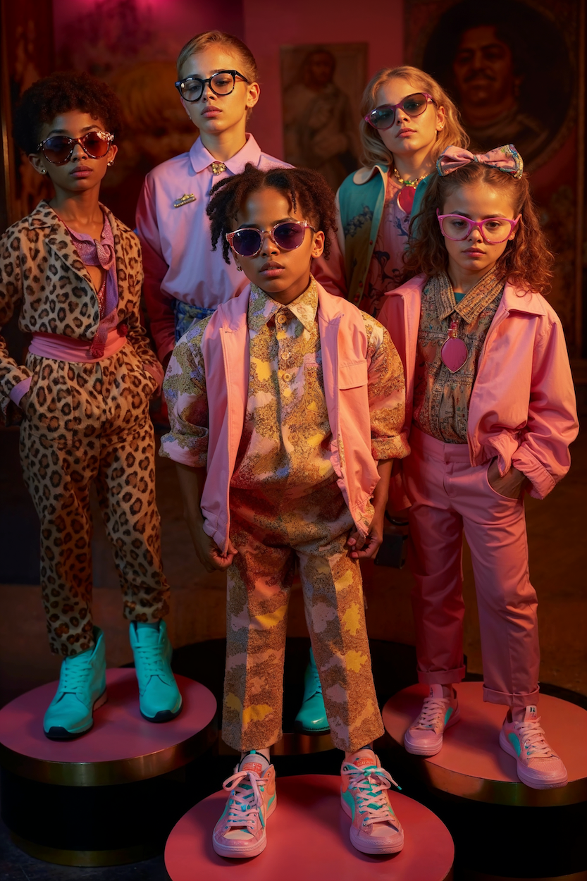 Digital models of five children wearing assorted outfits and glasses, all standing on pink platforms.