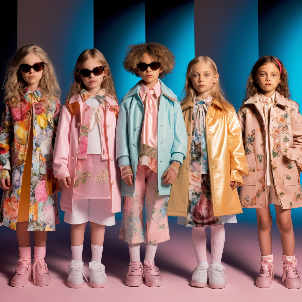 A line of five digital models wearing assorted pastel and floral-patterned garments.