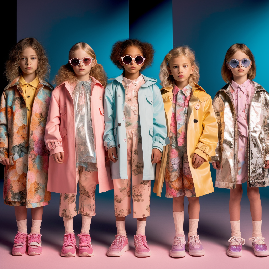 A line of five AI-generated girls wearing various pastel-coloured outfits, three wearing sunglasses, against a blue backdrop and on pink flooring.