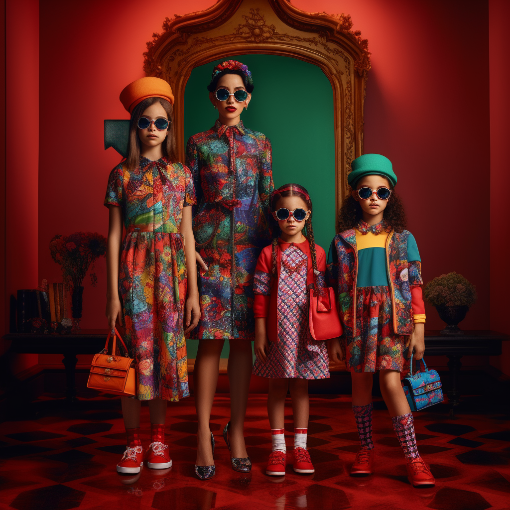 A line of four digital models – an adult woman and three children, wearing assorted multi-coloured floral-style garments, with a big gold-framed mirror in the background.