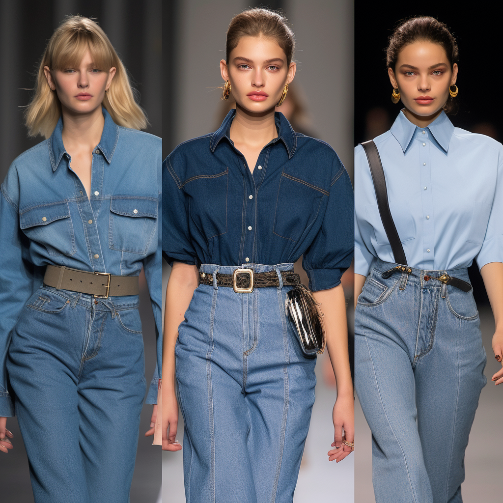 Three digital models walking as if on a runway, each wearing different denim-style outfits.