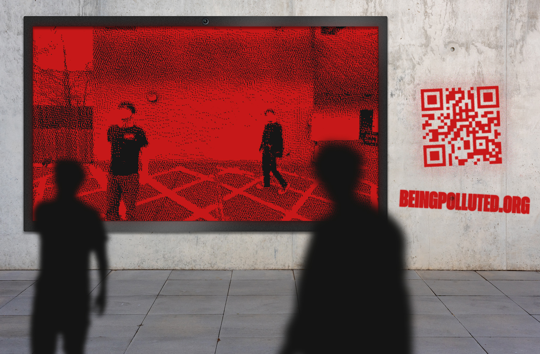 Mock-up showing a large screen on a wall, showing a red filter video still with two people standing in a car park. Two silhouettes stand in front of this video screen. A QR code and URL appear on the right.