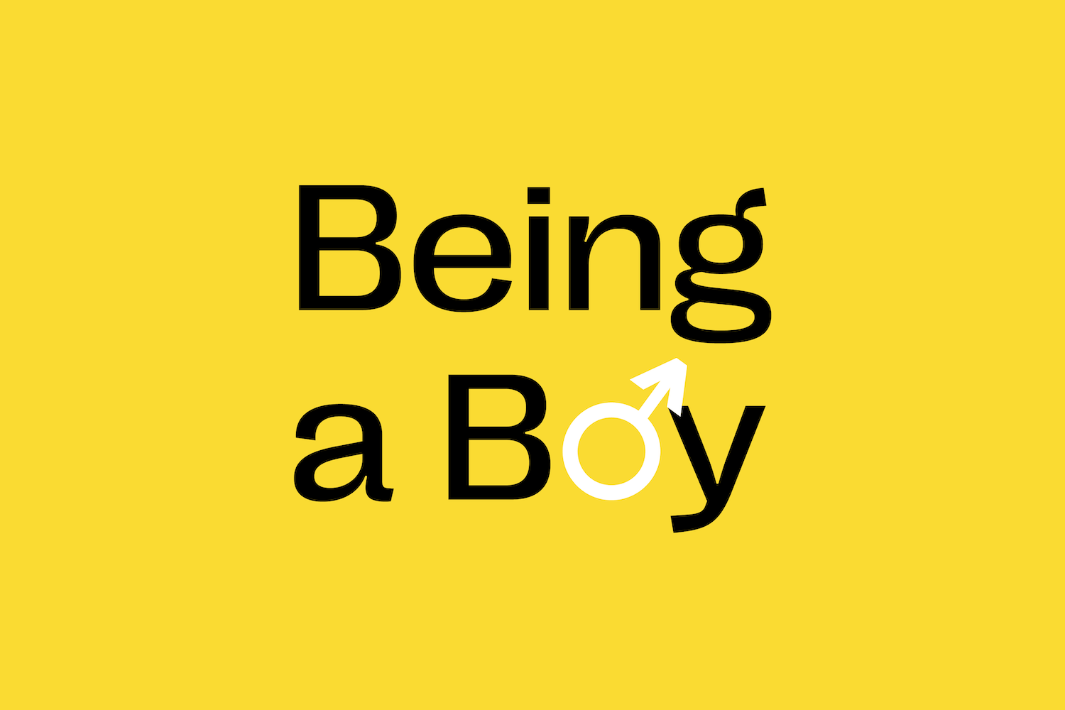 Yellow banner with text reading "Being a Boy" in the centre. The "O" in "Boy" has been replaced with the male gender symbol.