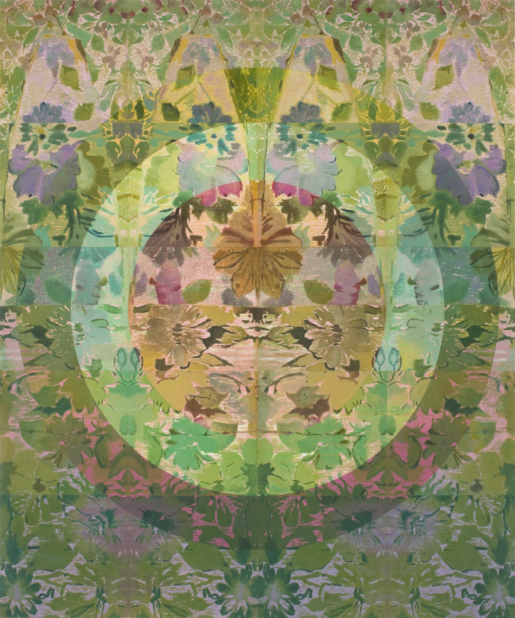 A symmetrical abstract floral pattern in green, pink and gold tones, with layered leaf and flower shapes filling the entire image.