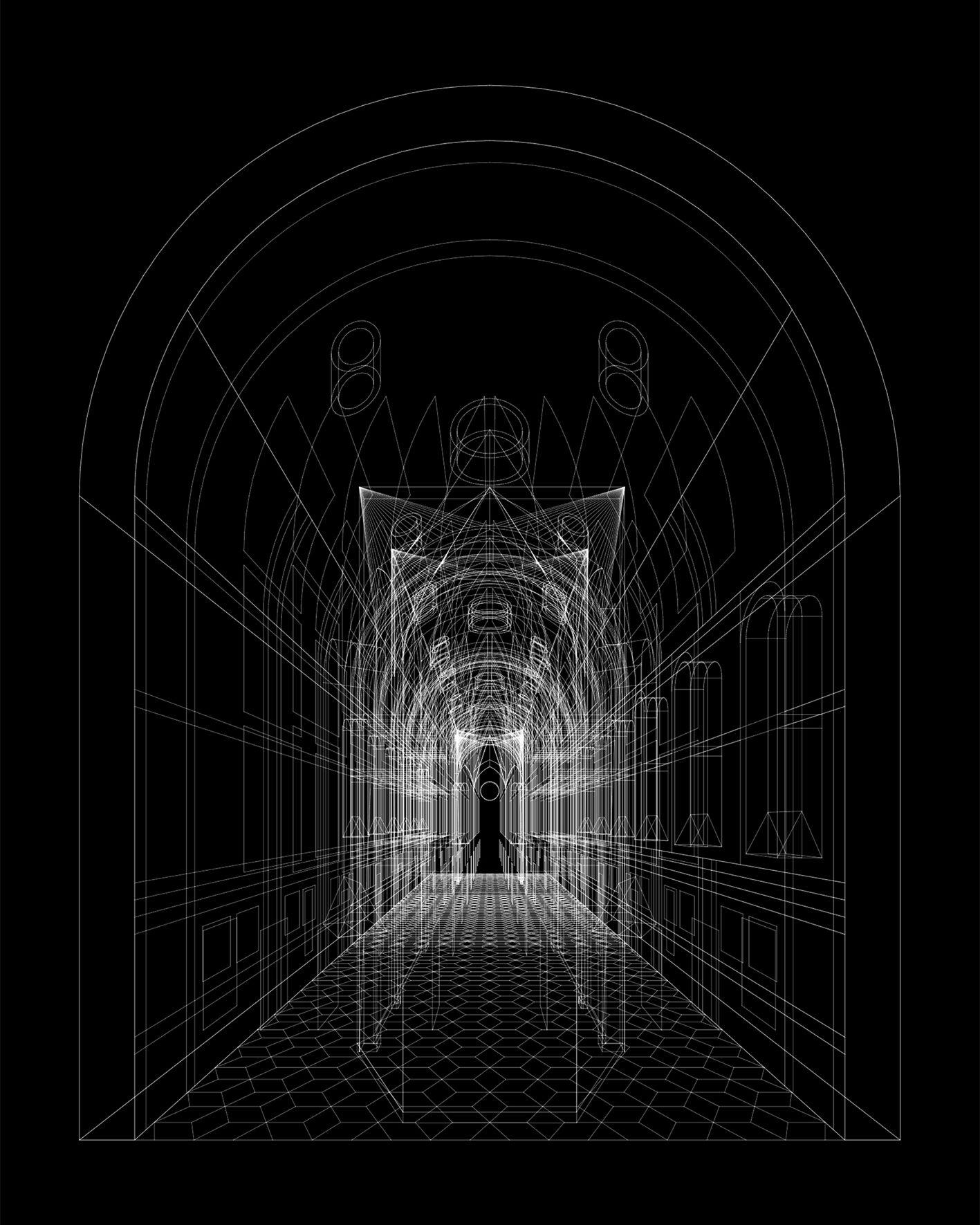 Abstract geometric image resembling the interior of a chapel.