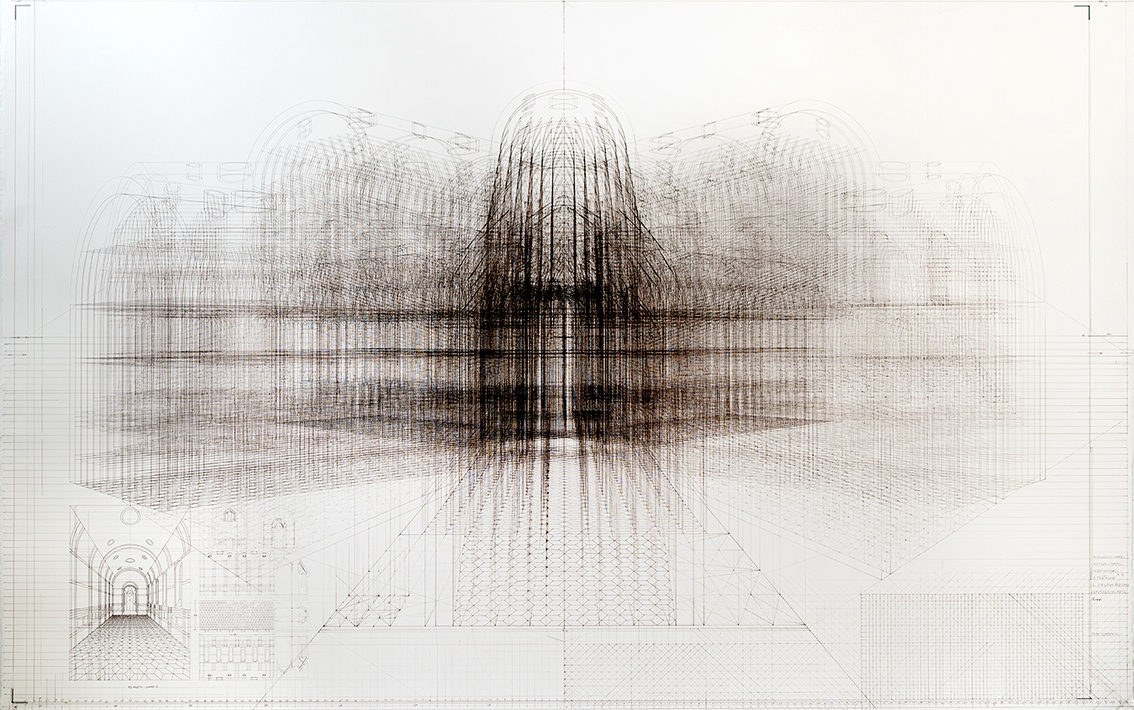 Abstract black and white geometric image resembling the interior of a chapel.
