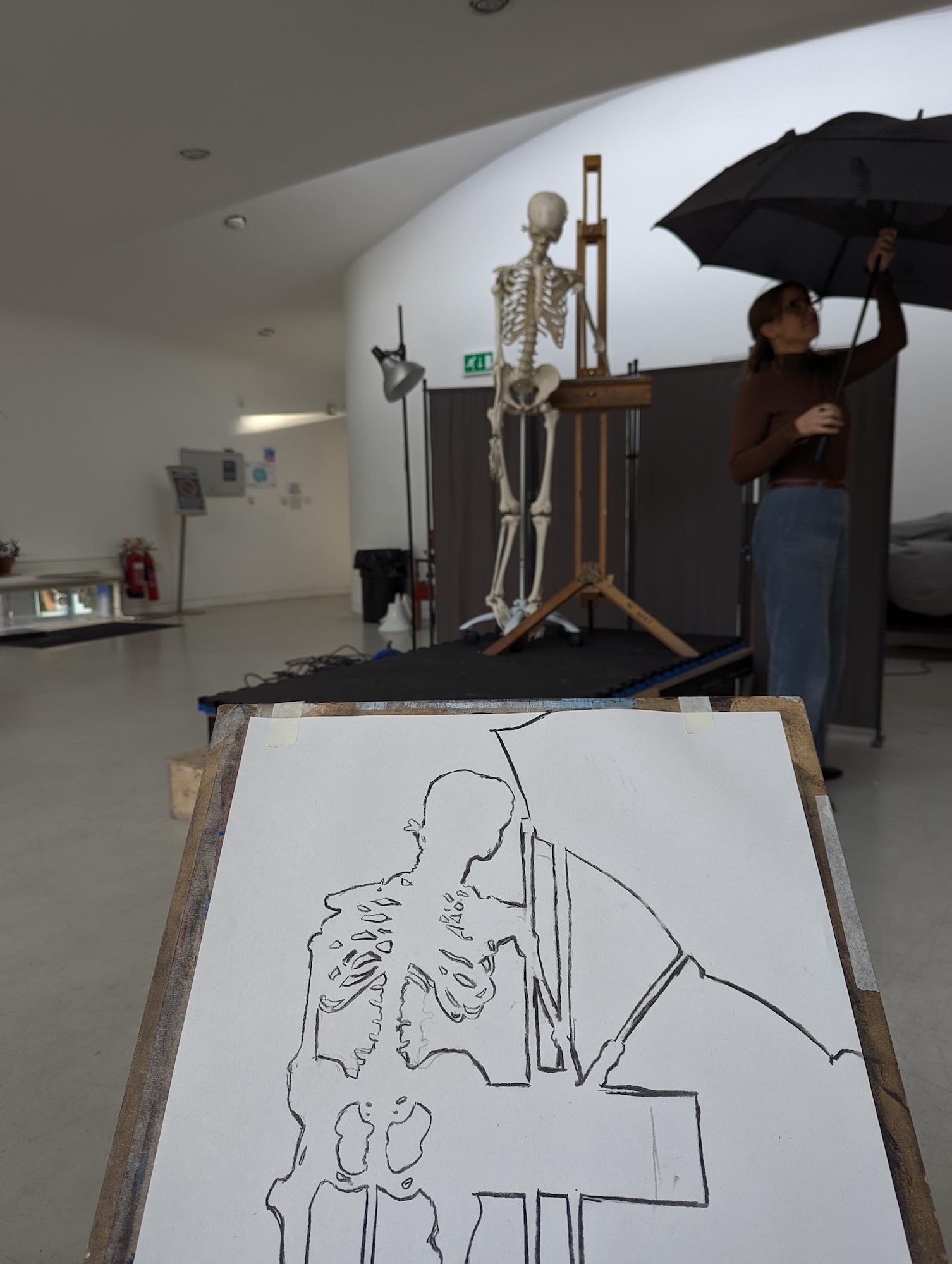 Art studio with easel displaying black line drawing of seated skeleton figure. Human skeleton model on stand in background.