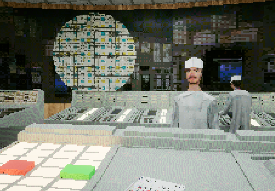 8-bit style image of workers in a nuclear facility control room.