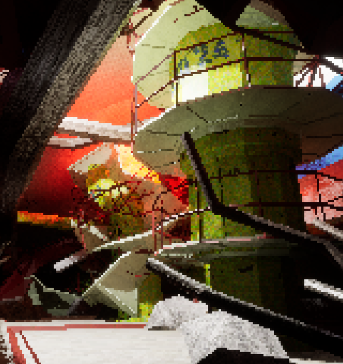 8-bit style image of a nuclear control tower with red in the background.