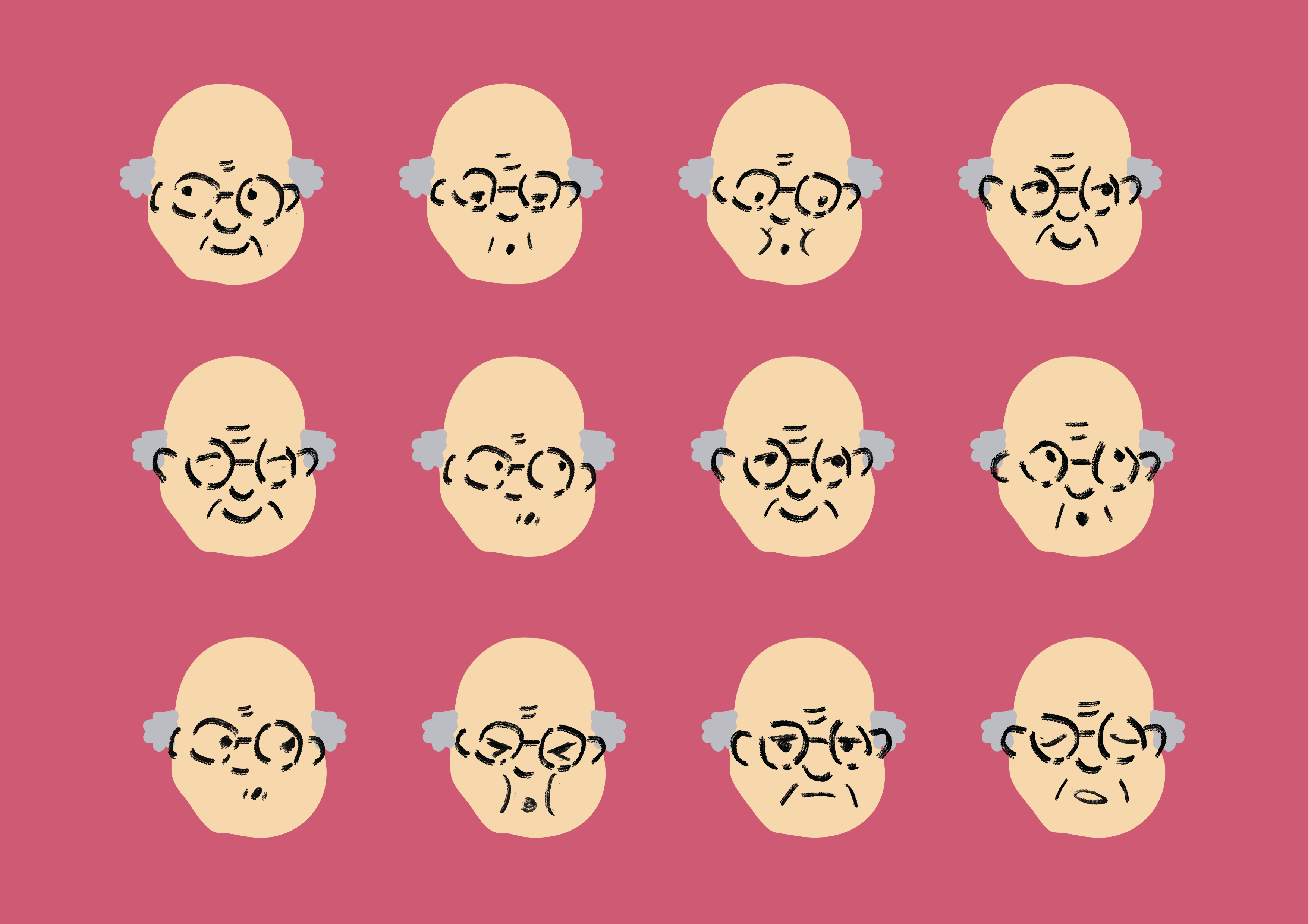 Illustration of 12 cartoon elderly faces with glasses arranged in 3 rows of 4 on pink background. Cream-coloured heads with grey hair and varying facial expressions.