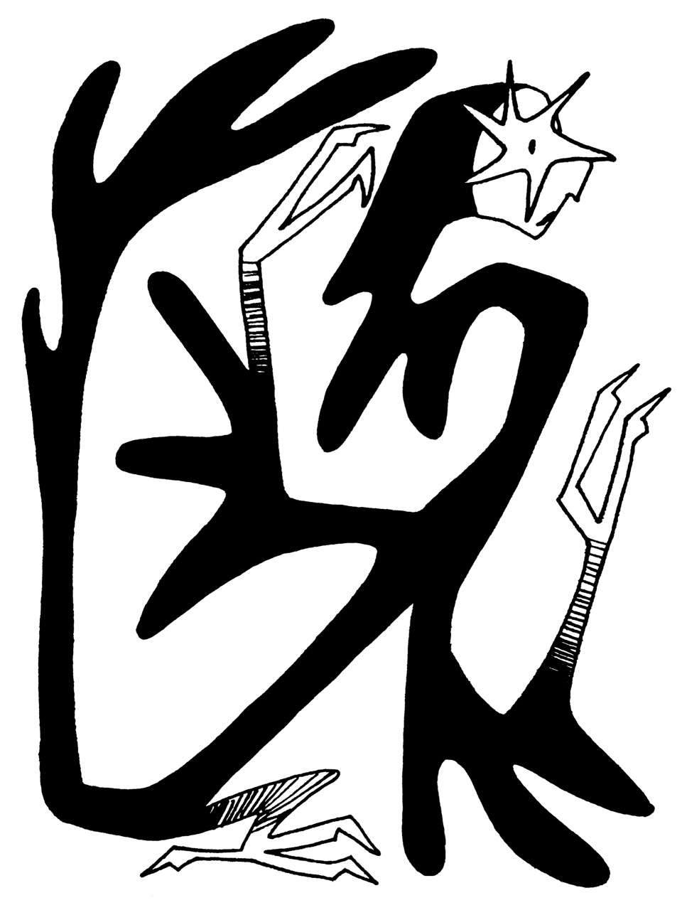 A stylised black and white illustration depicting an abstract figure with elongated limbs and claw-like hands, surrounded by spiky branches. The figure appears to be crouching with an angular body shape, framed by stark black lines.