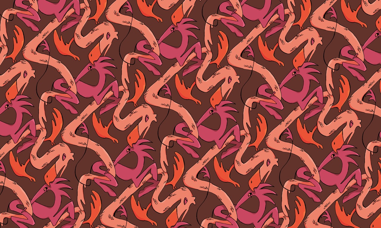 A repeating pattern featuring stylised birds in varying shades of pink and orange against a dark brown background. The birds are depicted in dynamic poses with elongated necks and feathers, creating a vibrant and rhythmic design.