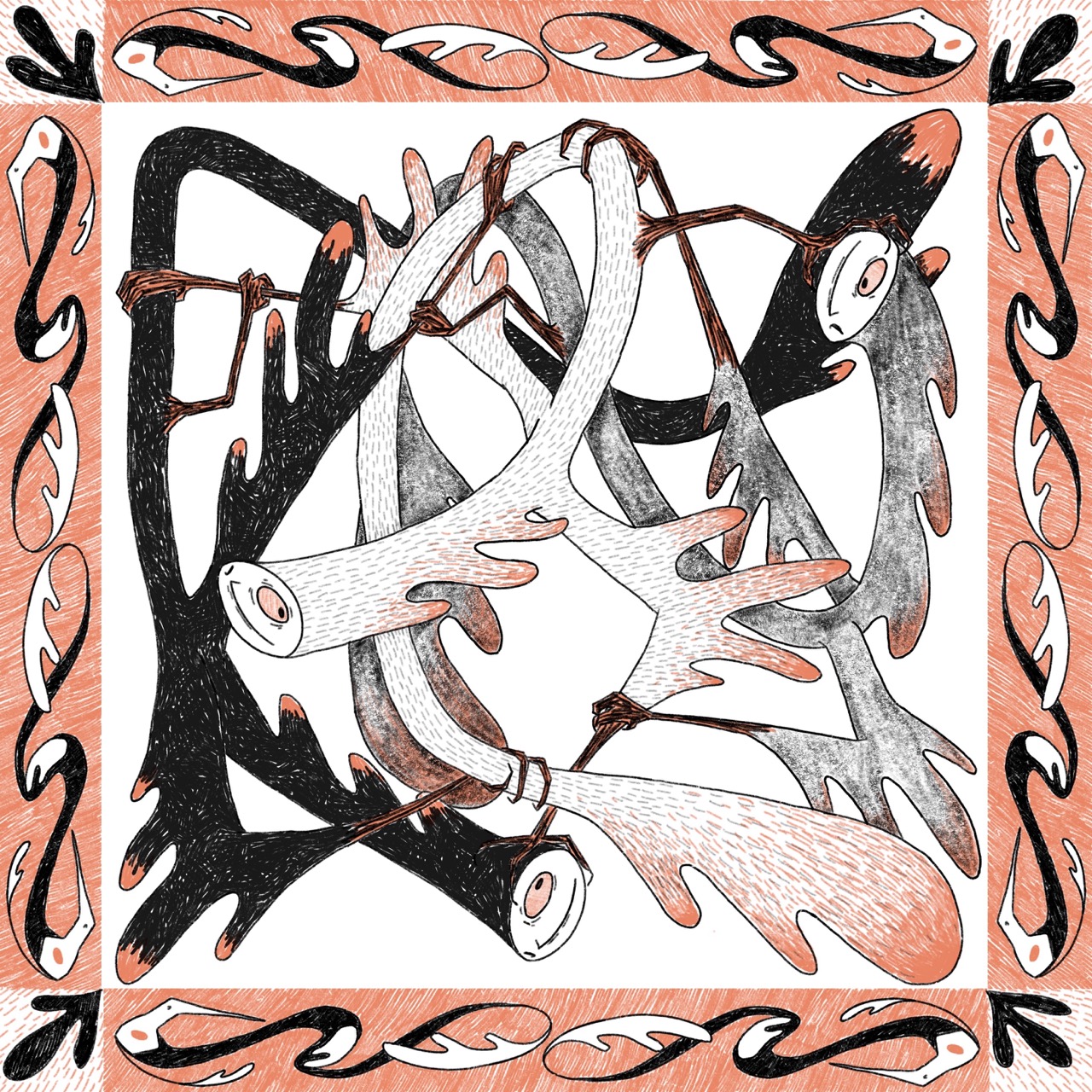 An abstract illustration featuring intertwining shapes resembling tree branches and horns, created in black and white with touches of orange. The design is enclosed within a rectangular border adorned with decorative patterns.