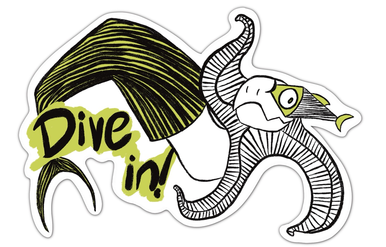An illustrated sticker design featuring an eccentric character with long, spiralled horns and green and black hair. The character is diving forward, accompanied by the phrase "Dive in!" in bold, stylised lettering.