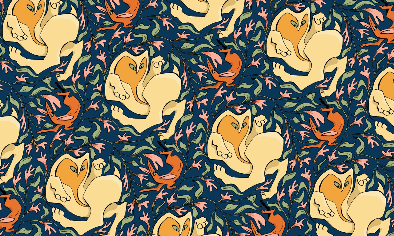 A patterned fabric featuring repeated illustrations of stylised foxes in shades of orange and yellow, surrounded by green foliage and flowers. The background is a deep blue, enhancing the vibrant colours of the design.