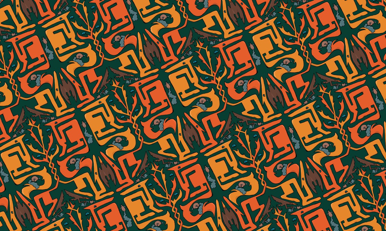 A repeated pattern featuring abstract shapes, including figures, trees, and winding lines. The design is composed of warm colours like orange, yellow, and green against a dark green background.