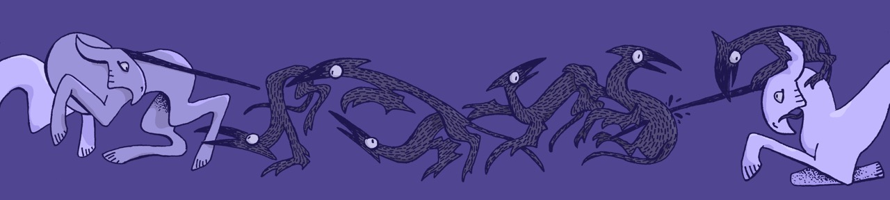 An abstract illustration featuring several stylised creatures, including horses and birds, rendered in black and white against a purple background. The creatures are interconnected, suggesting a dynamic flow between them.