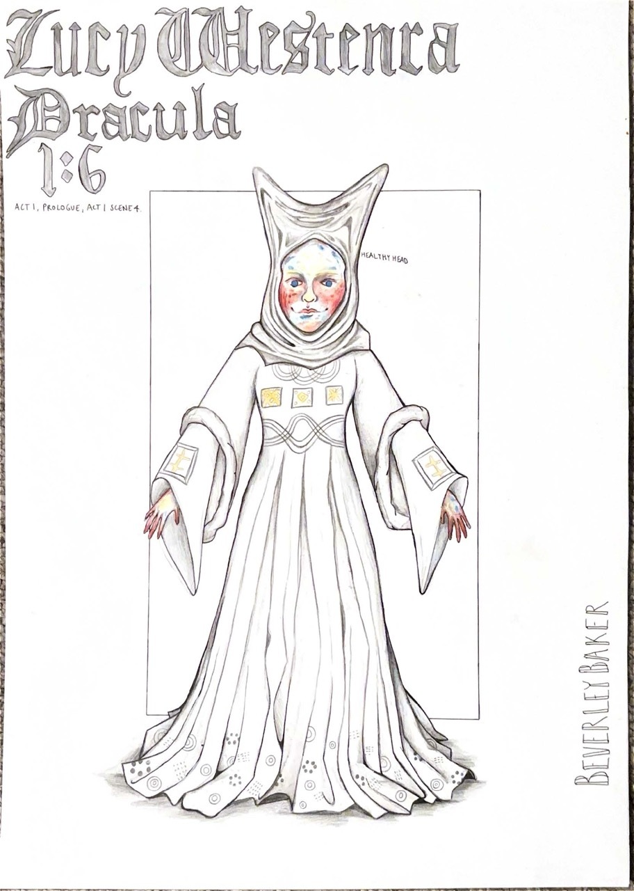 Pencil sketch of figure in white flowing robes with horned headdress, arms outstretched. Gothic lettering reads "Lucy Westenca Dracula 1-6".