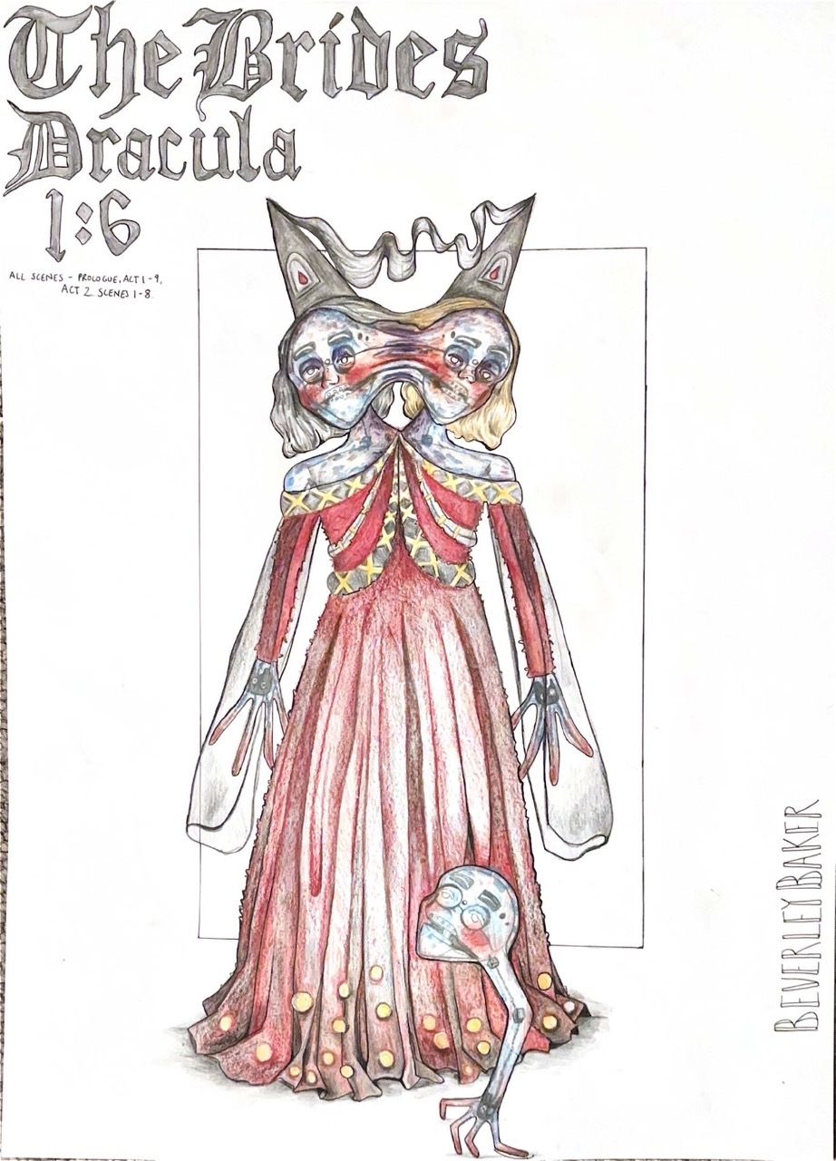 Hand-drawn illustration titled "The Brides Dracula 1:6" showing figure in red flowing gown with crown, gothic lettering at top.