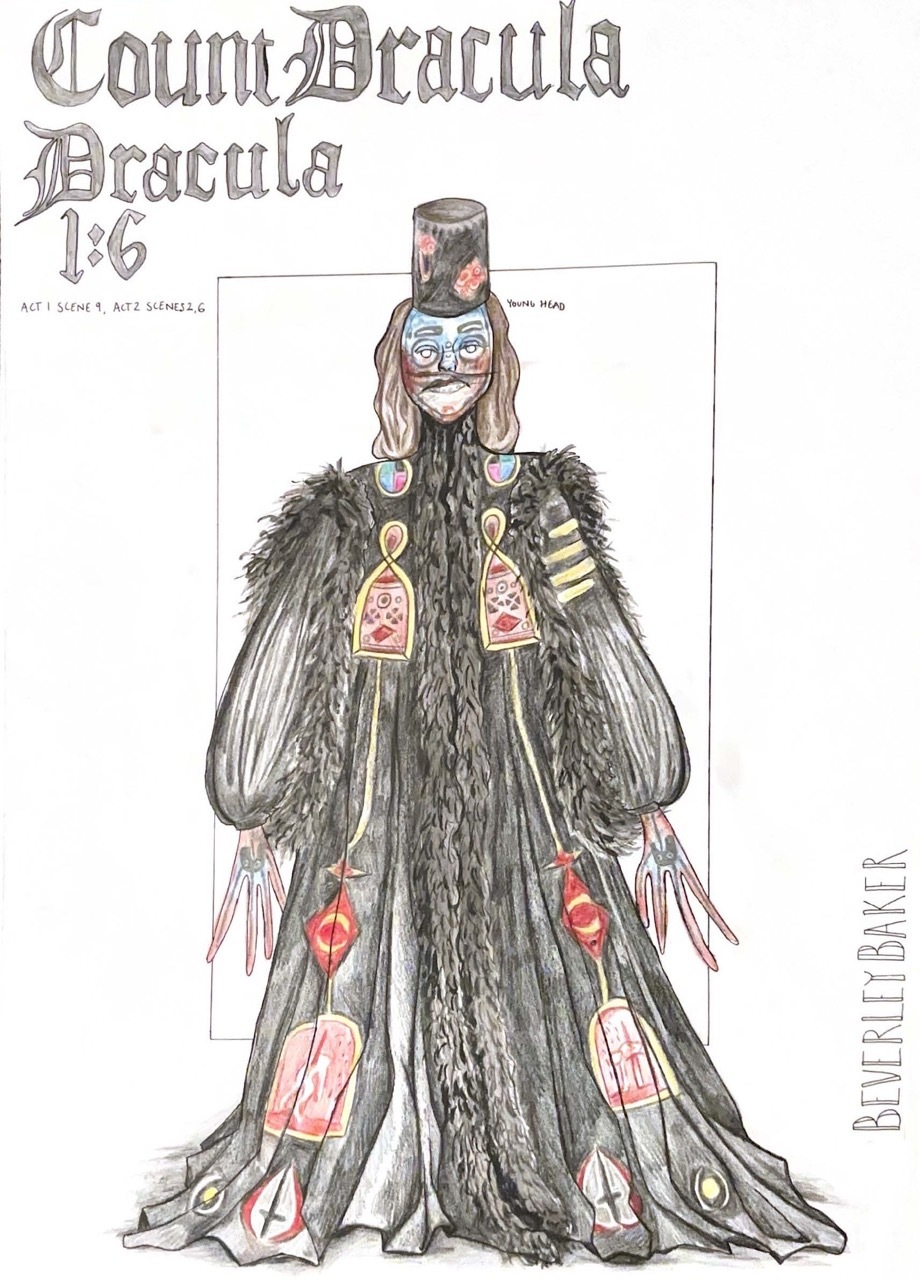 Hand-drawn character design showing figure in long grey robe with fur collar, cylindrical hat, round spectacles, and red decorative elements.