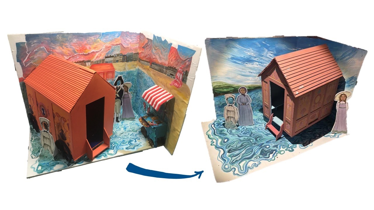 Two paper craft constructions with orange-roofed brown structures, small figures, and blue shredded paper. Colourful backgrounds with red, blue, and yellow elements.