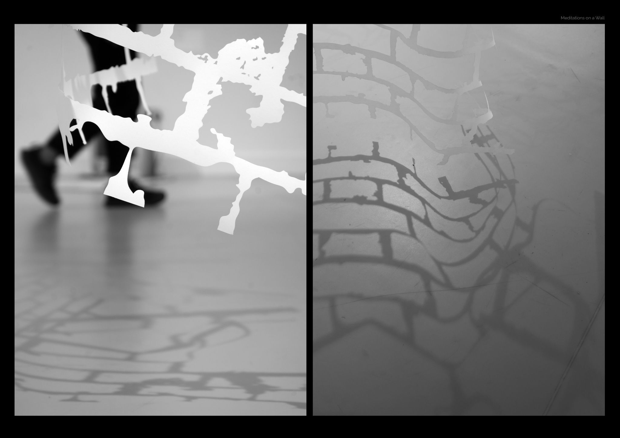 Two split images showing a hung paper artwork installation with a brick-like pattern, shadows on the floor.