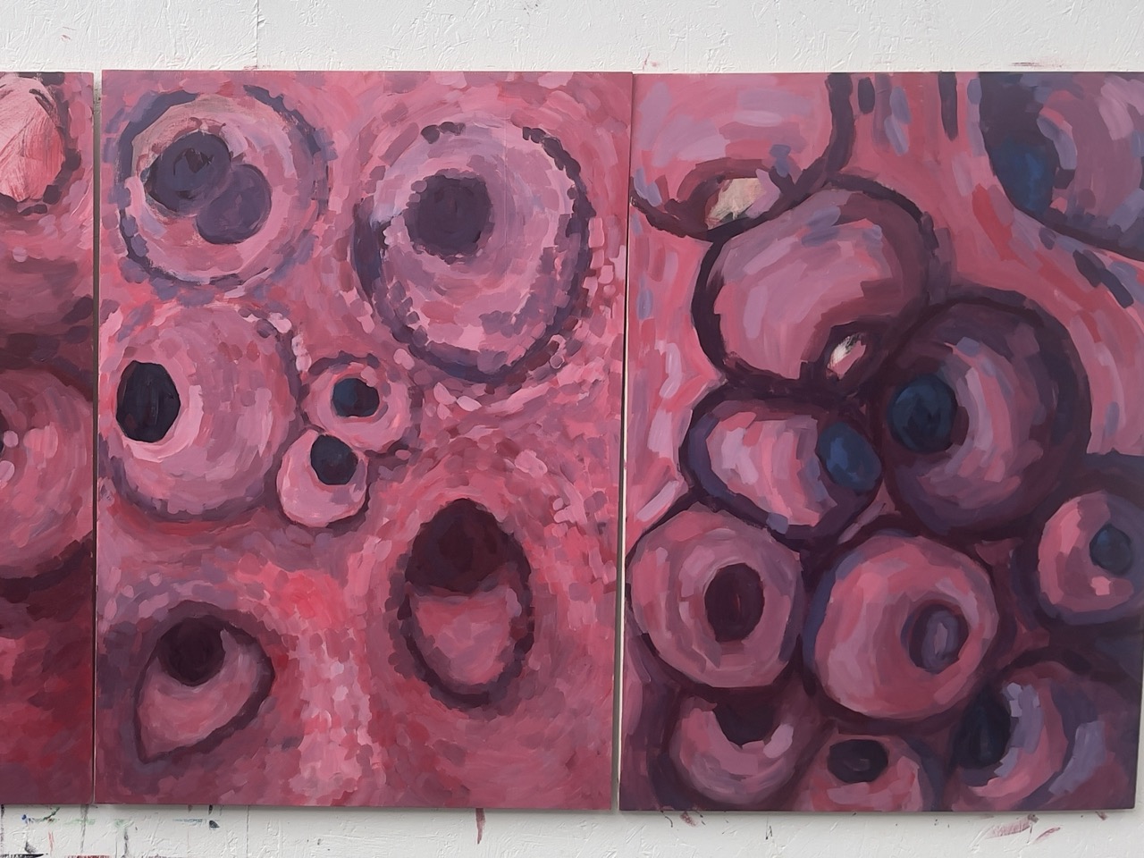 A triptych artwork featuring abstract forms in various shades of pink and red. The panels display circular and oval shapes resembling cells, with dark centres and uneven edges, arranged in a dynamic composition.