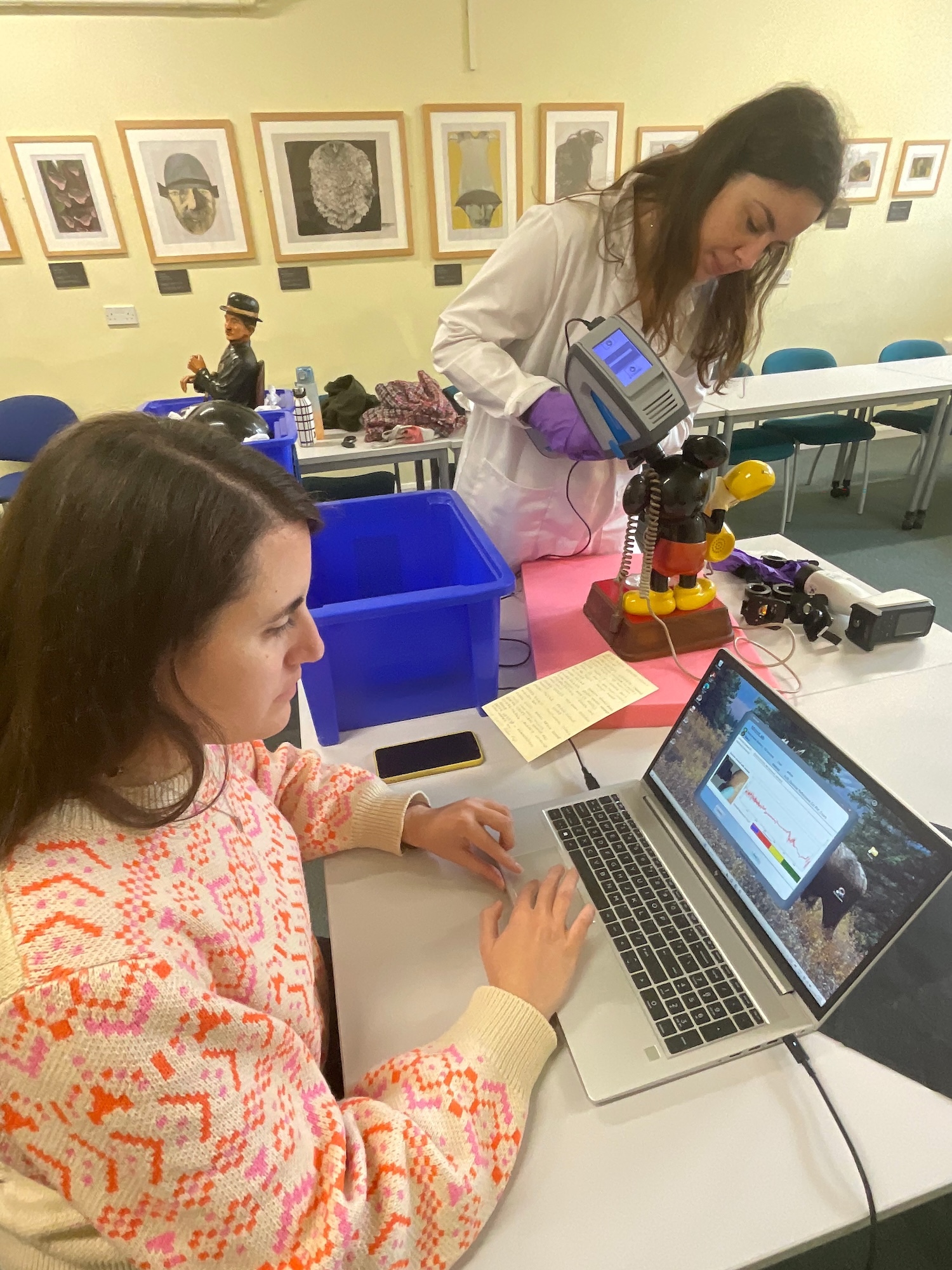 Person in coral jumper using laptop whilst another in white coat operates microscope equipment in classroom with framed artwork on walls.