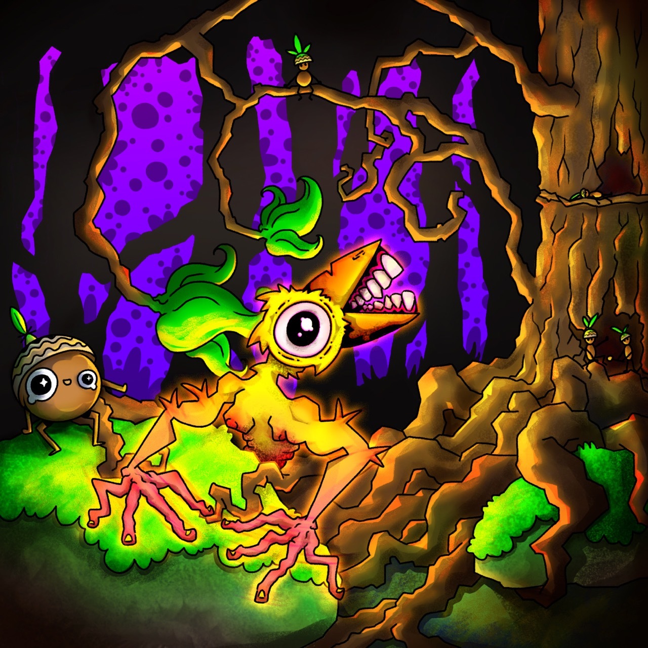 Quirky, colourful illustration of a glowing, golden bird with an acorn under a twisted tree in a forest, purple sky.
