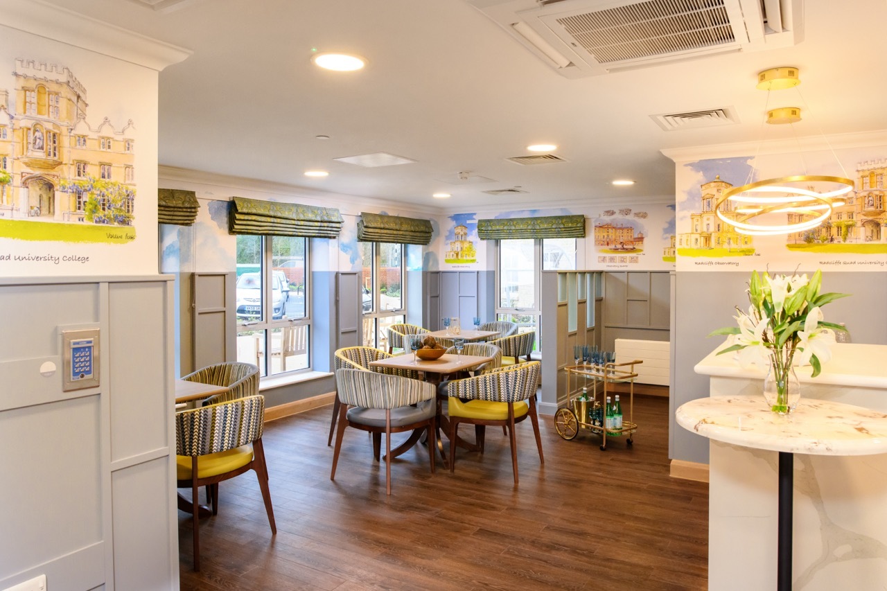 Bistro area for Diana Celella's 'Wellford Gardens Care Home' with architectural painting murals, tables and chairs and lighting.