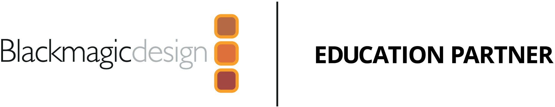 Logo with text reading "Blackmagic Design" followed by three stacked orange squares. A black line runs down the centre and text reading "Education partner" appears to the right.